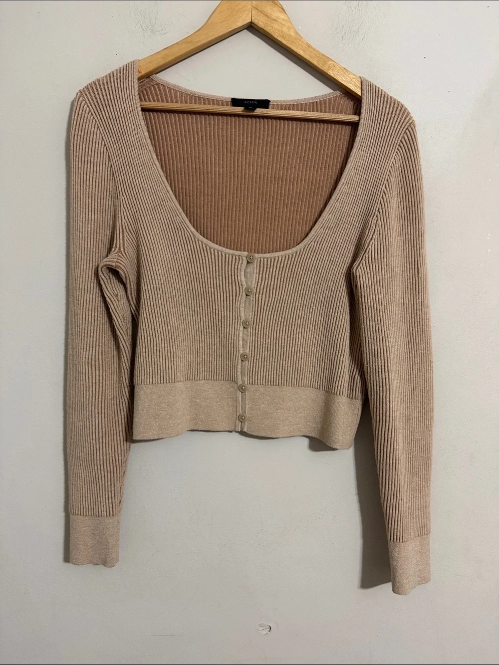 J. Crew Ribbed Scoop-Neck Button Front Cropped Sweater Tan size M Casual Capsule
